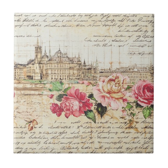 Vintage European Architecture & Roses Art Print Tile (Front)