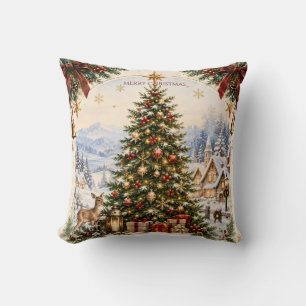 Vintage European Christmas with Snowy Pine Tree Cushion