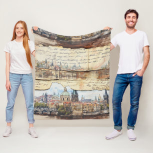 Vintage European Cityscape with Handwritten Letter Fleece Blanket
