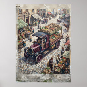 Vintage European Market Produce Truck Oil Painting Poster
