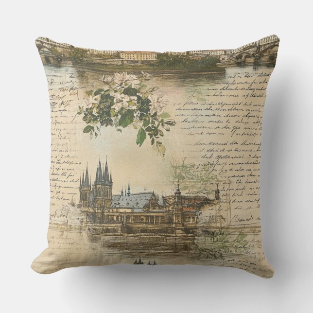 Vintage European River Scene - Handwritten Script Cushion (Front)