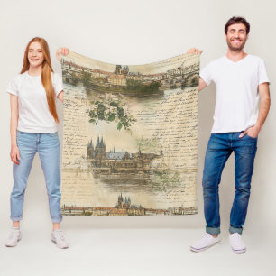 Vintage European River Scene - Handwritten Script Fleece Blanket
