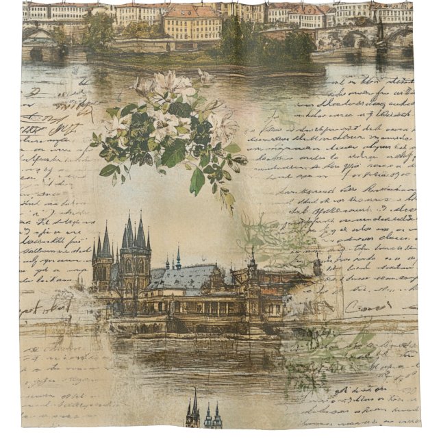 Vintage European River Scene - Handwritten Script Shower Curtain (Front)