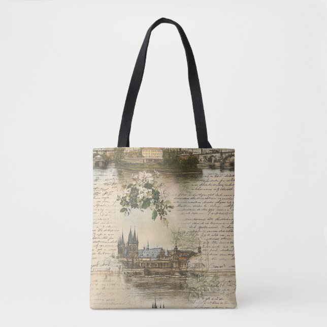 Vintage European River Scene - Handwritten Script Tote Bag (Front)