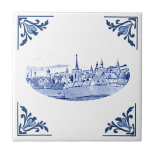 Vintage European Town Delft Blue & White Tile