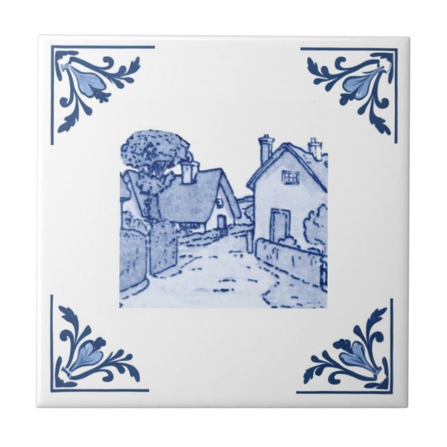 Vintage European Village Home Delft Blue & White Tile (Front)