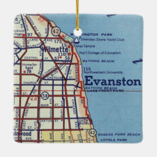 Vintage Evanstown IL Map Ceramic Ornament