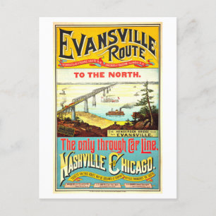 Vintage Evansville Route Poster, Nashville/Chicago Postcard