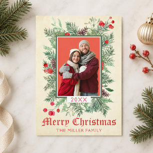 Vintage Evergreen and Holly Photo Christmas Card