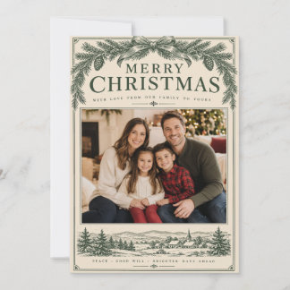 Vintage Evergreen Merry Christmas Family Photo Holiday Card