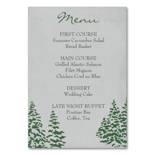 Vintage Evergreen Winter Wedding Menu Table Number (Front)