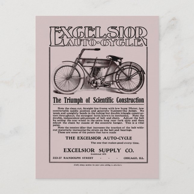 Vintage Excelsior auto cycle ad Postcard (Front)