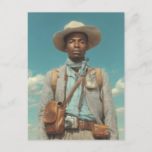 Vintage Explorer Portrait with Camera and Travel G Postcard