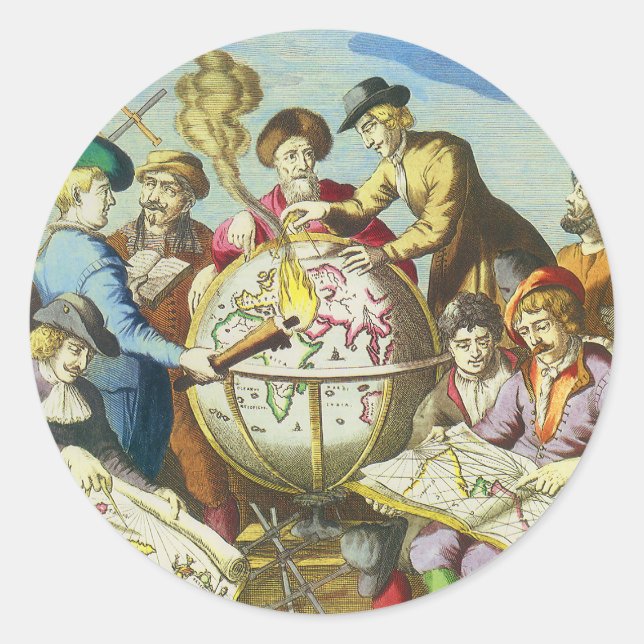 Vintage Explorers with Antique Globe Map, 1542 Classic Round Sticker (Front)
