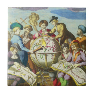 Vintage Explorers with Antique Globe Map, 1542 Tile