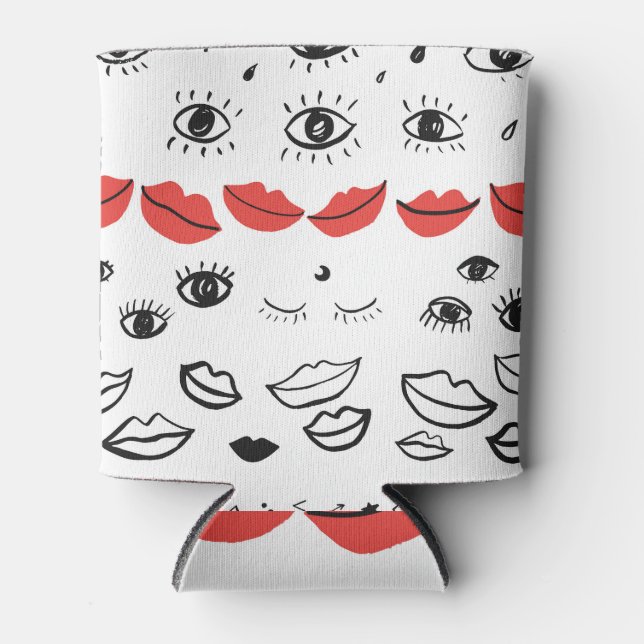 Vintage eyes, red lips pattern. can cooler (Front)