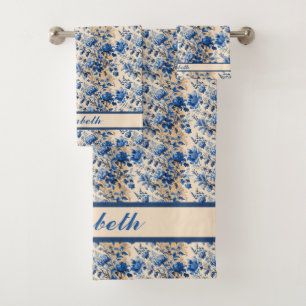 Vintage Fabric France Blue Flowers   Your Name  Bath Towel Set