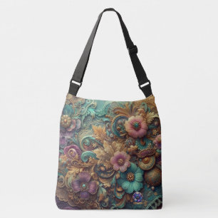 vintage fabric lace purples teals blues gold crossbody bag