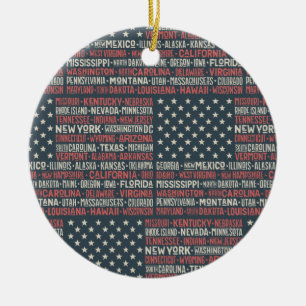 Vintage Faded American Flag State Names Words Art Ceramic Tree Decoration