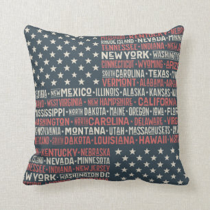 Vintage Faded American Flag State Names Words Art Cushion