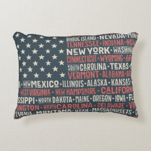 Vintage Faded American Flag State Names Words Art Decorative Cushion