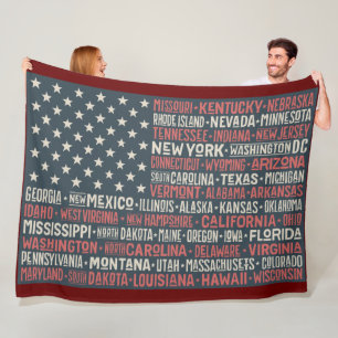 Vintage Faded American Flag State Names Words Art Fleece Blanket
