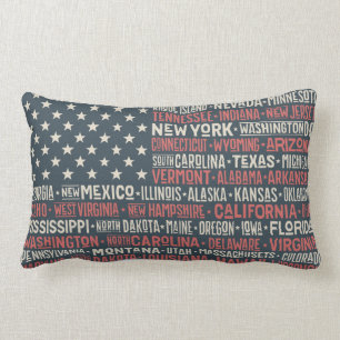 Vintage Faded American Flag State Names Words Art Lumbar Cushion
