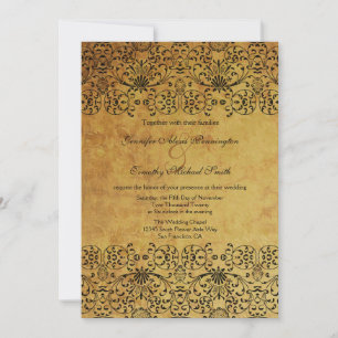 Vintage faded black gold damask wedding invitation