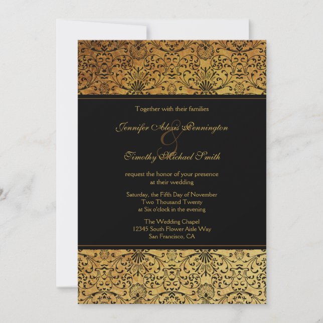 Vintage faded black gold damask wedding invitation (Front)
