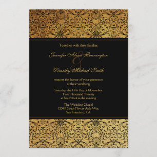 Vintage faded black gold damask wedding invitation