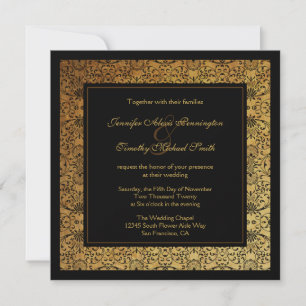Vintage faded black gold damask wedding invitation