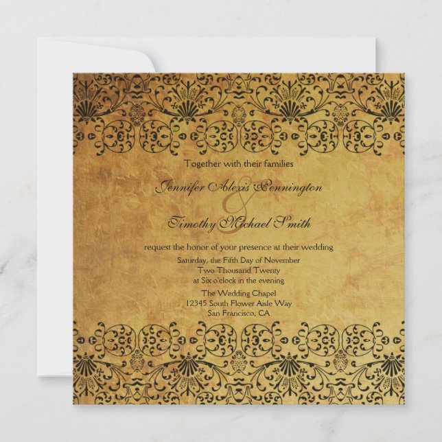 Vintage faded black gold damask wedding invitation (Front)
