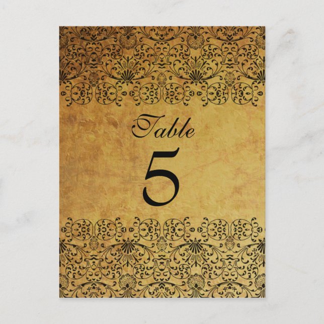 Vintage faded black gold damask wedding table card (Front)