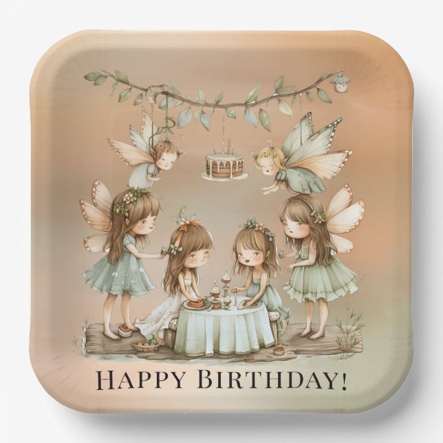 Vintage Fairies Girl Birthday Party Paper Plate (Front)