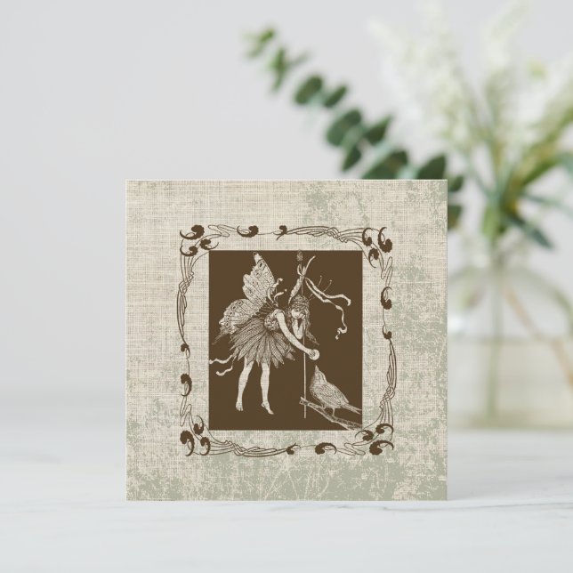 Vintage Fairy & Bird Flat Greeting Card (Standing Front)
