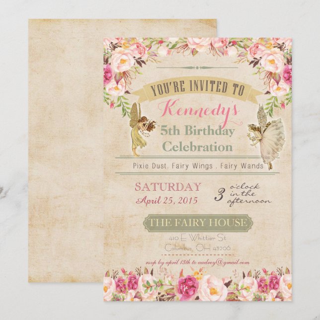 Vintage Fairy Birthday Invitation (Front/Back)