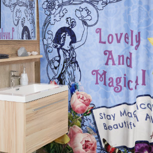 Vintage Fairy Flowers Custom Greetings Name Blue Shower Curtain