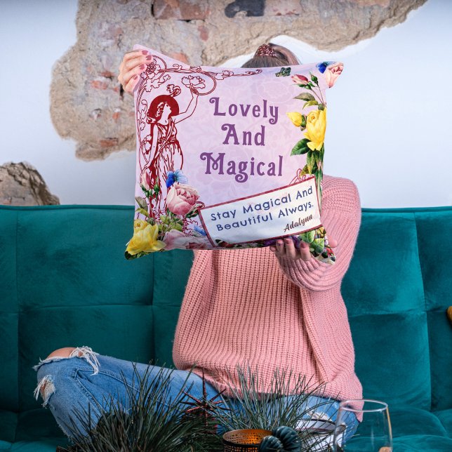 Vintage Fairy Flowers Custom Greetings Name Pink Cushion (Creator Uploaded)