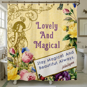 Vintage Fairy Flowers Custom Greetings Name Yellow Shower Curtain
