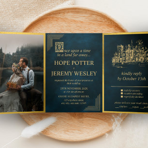 Vintage Fairy Tale Book Gold Emerald Magical Tri-Fold Invitation