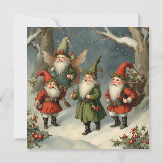 Vintage Fairy Tale Christmas Gnomes in the Forest Card (Front)