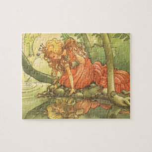 Vintage Fairy Tale, Frog Prince Princess by Pond Jigsaw Puzzle