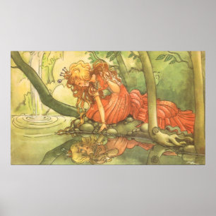 Vintage Fairy Tale, Frog Prince Princess by Pond Poster
