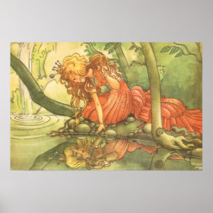 Vintage Fairy Tale, Frog Prince Princess by Pond Poster