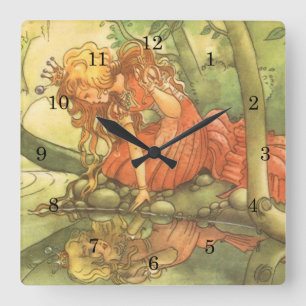 Vintage Fairy Tale, Frog Prince Princess by Pond Square Wall Clock