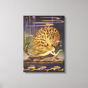 Vintage Fairy Tale, Little Mermaid in Ocean Coral Canvas Print