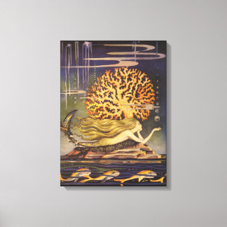 Vintage Fairy Tale, Little Mermaid in Ocean Coral Canvas Print