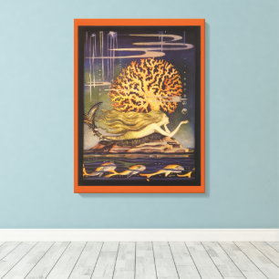 Vintage Fairy Tale, Little Mermaid in Ocean Coral Canvas Print