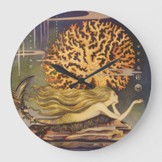 Vintage Fairy Tale, Little Mermaid in Ocean Coral Large Clock