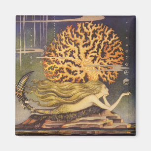 Vintage Fairy Tale, Little Mermaid in Ocean Coral Magnet